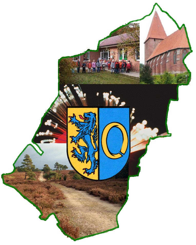 Umriss der Gemeinde Soderstorf mit Landschaftsbilder und dem Gemeindewappen